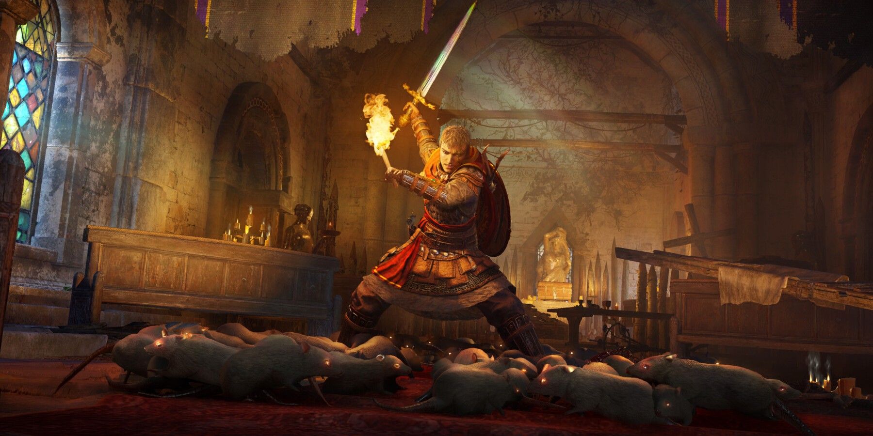 Eivor wielding a torch and a sword in Assassin's Creed: Valhalla