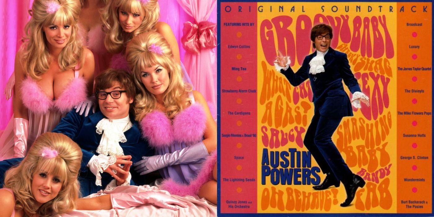 Split image showing Austin Powers surrounded by fembots and the cover to the Austin Powers International Man of Mystery soundtrack