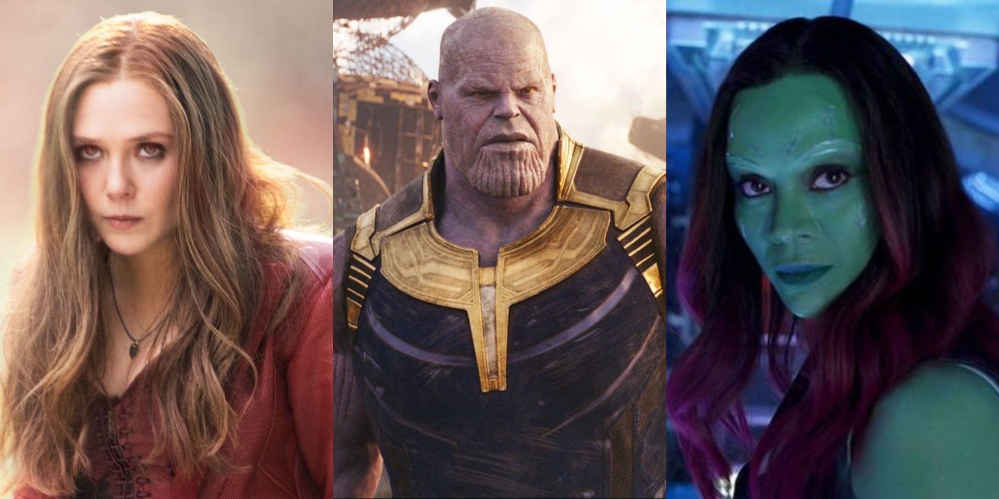 Split image showing Wanda Maximoff, Thanos, and Gamora in the MCU