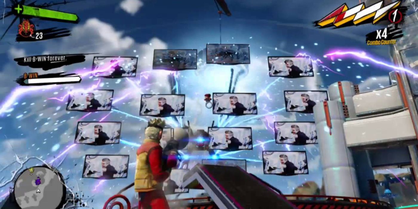 The player shooting at B-Win's floating TV screens in the game Sunset Overdrive