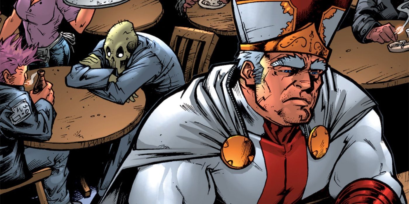 The Pope of Battle Pope sitting at the bar drinking, surrounded by the many demons now on Earth.