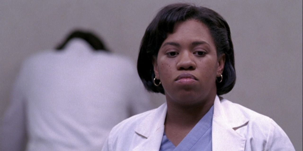 Bailey stops the elevator for Derek in Grey's Anatomy