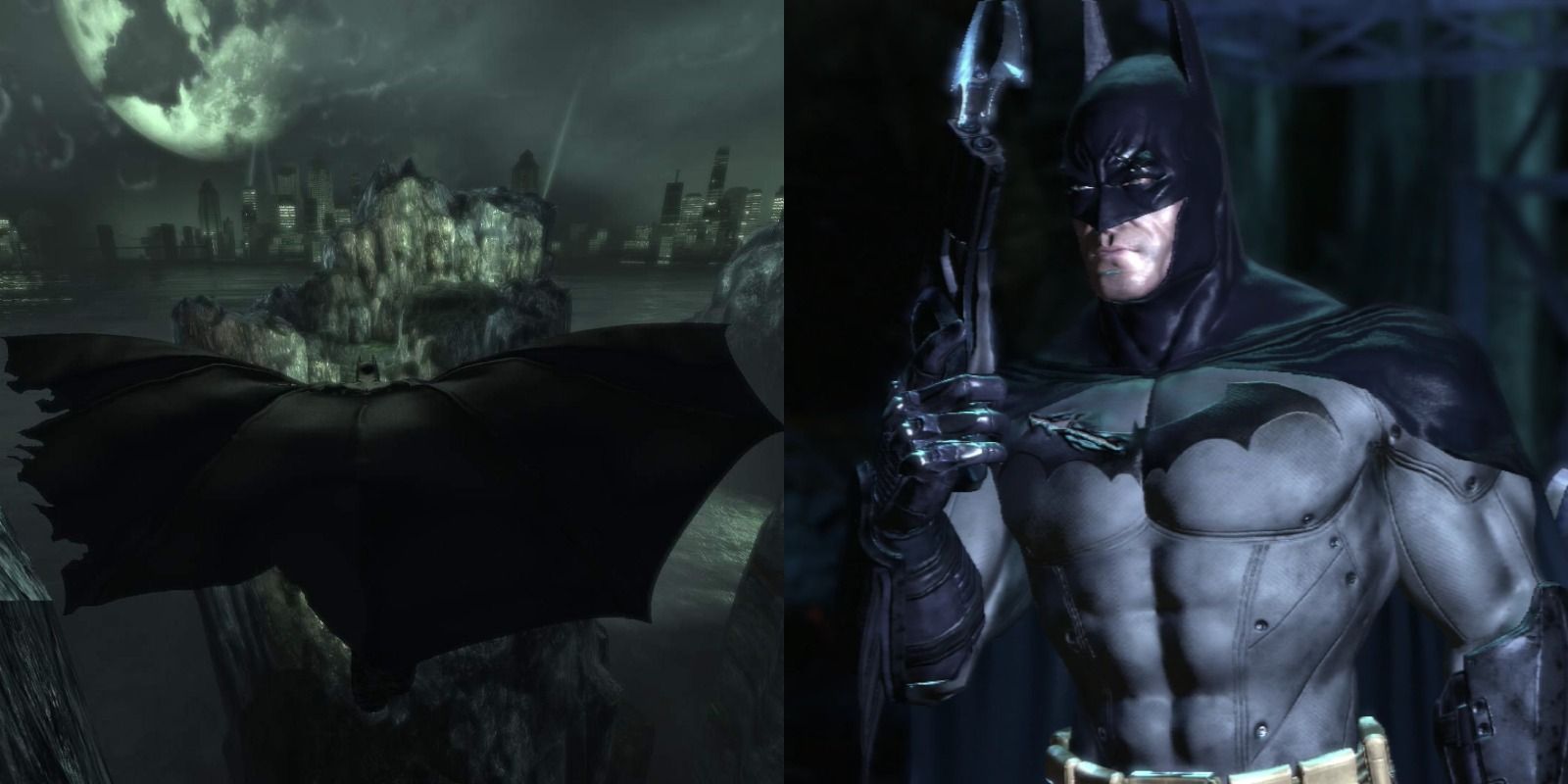 Batman gliding around Arkham Island and upgrading the Batclaw in Arkham Asylum