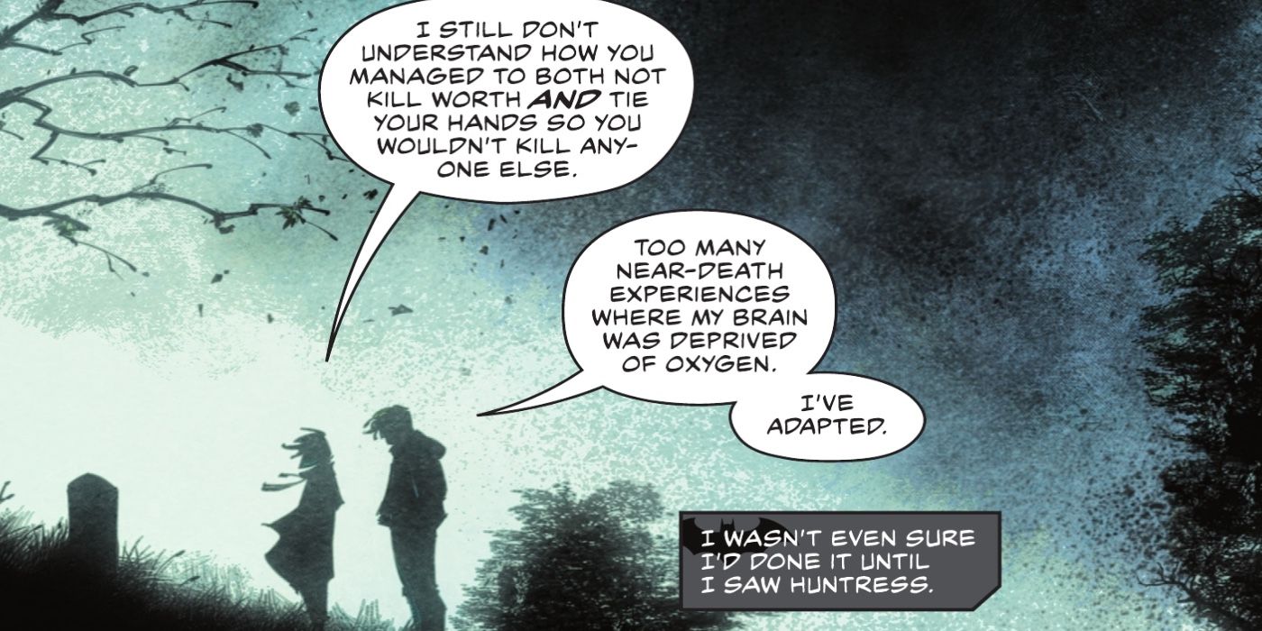 Batman and Huntress in their civilian guises, at the grave of Sarah Worth