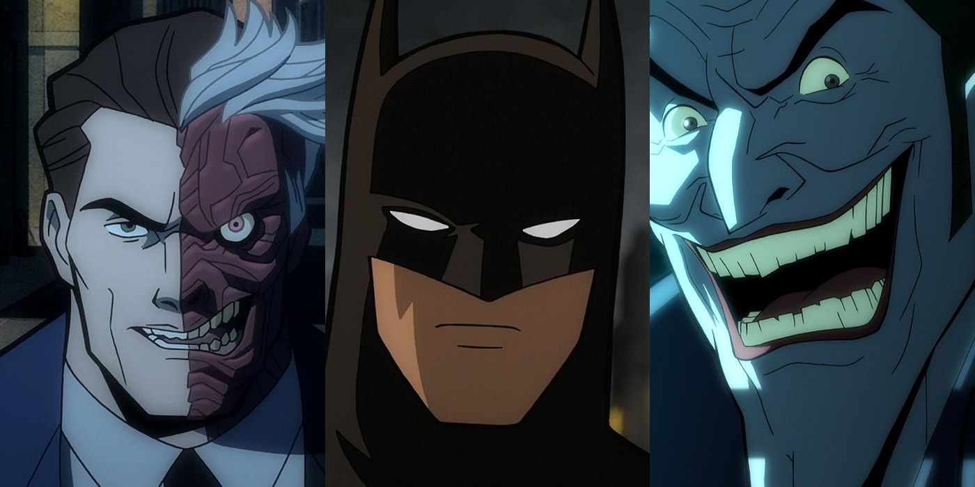 Split image of Two-Face, Batman and the Joker from Batman: The Long Halloween