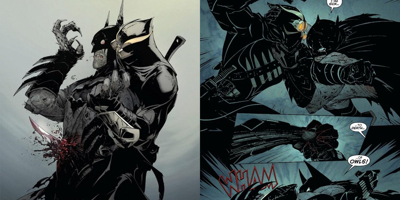Batman being stabbed by Talon, and beating him in The Court of Owls arc