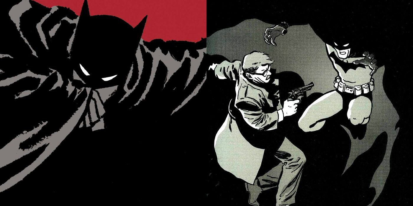 Split image of Batman: Year One with Batman covering his face and James Gordon fighting Batman.