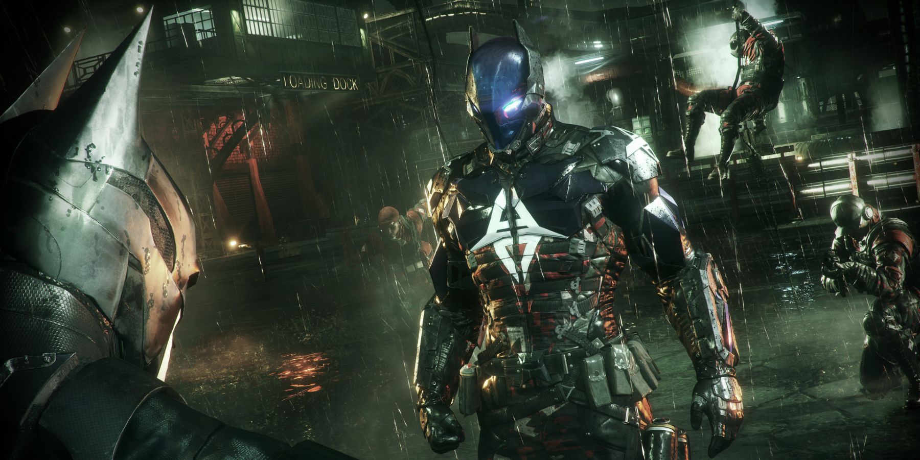The Arkham Knight faces down Batman as his goons back him up
