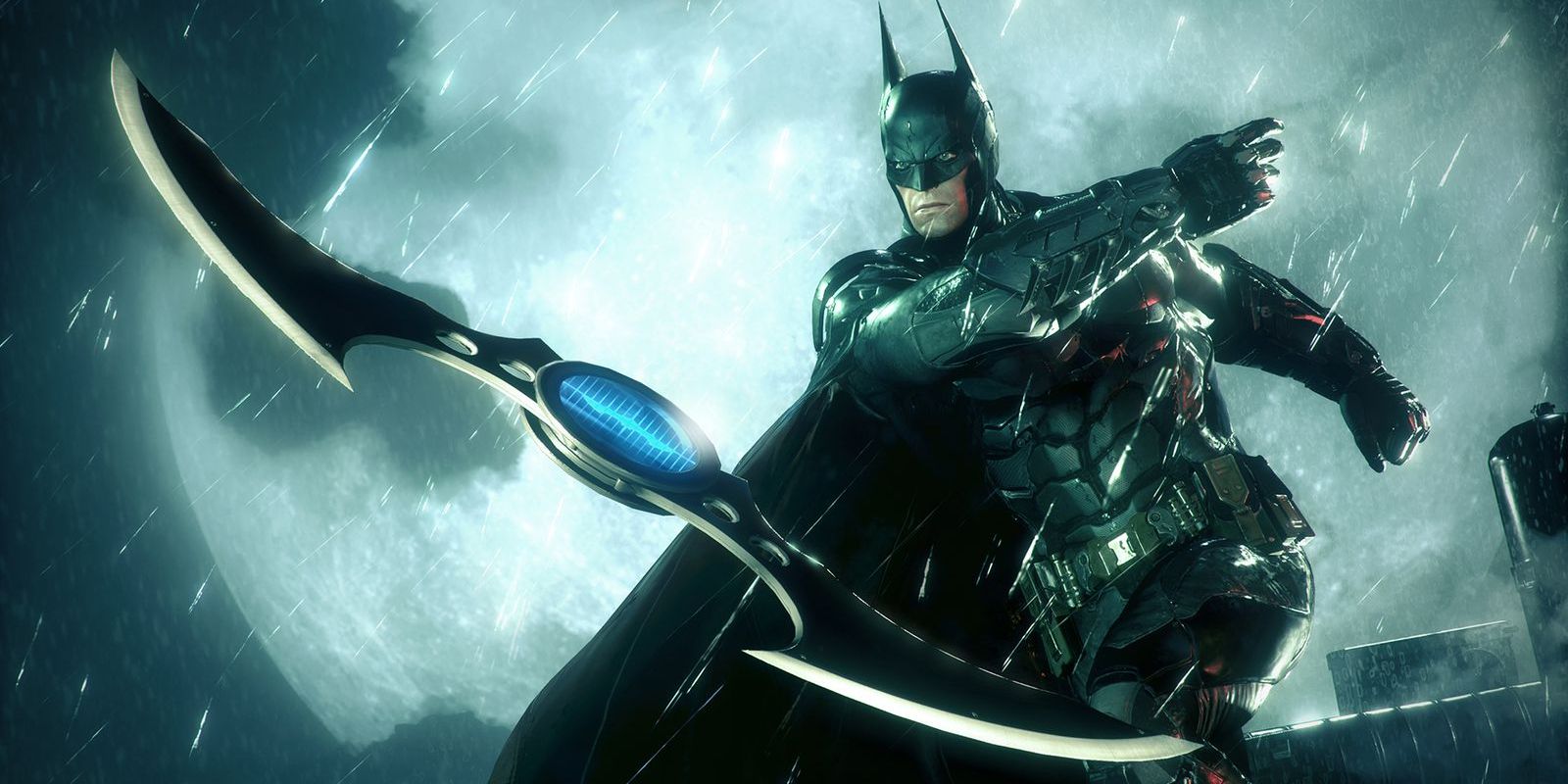 Batman melempar Batarang di tengah hujan di Batman: Arkham Knight