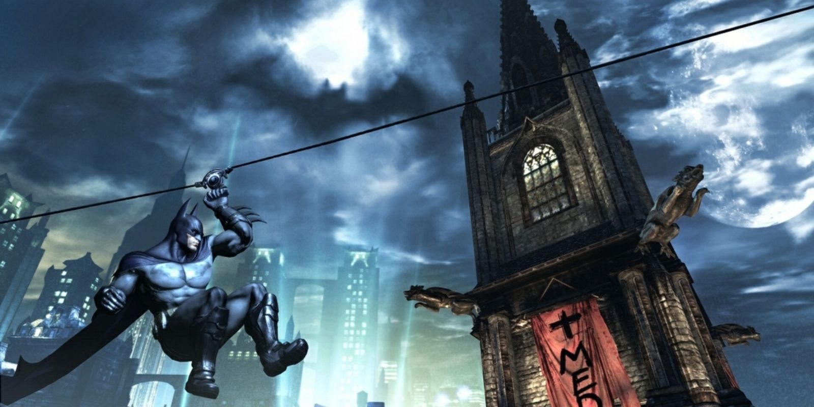 Batman ziplining past a church with the Line Launcher in Batman Arkham City