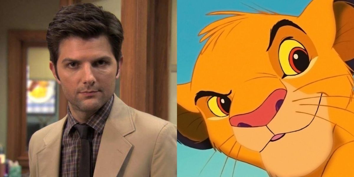 Split Image: Ben from Parks and Rec and Simba from The Lion King smirking