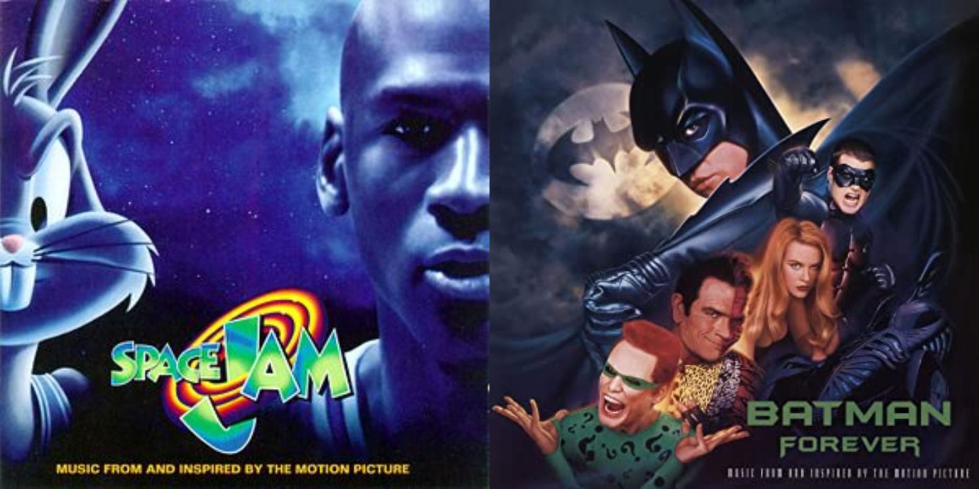 Split image of the album covers for the soundtracks to Space Jam and Batman Forever