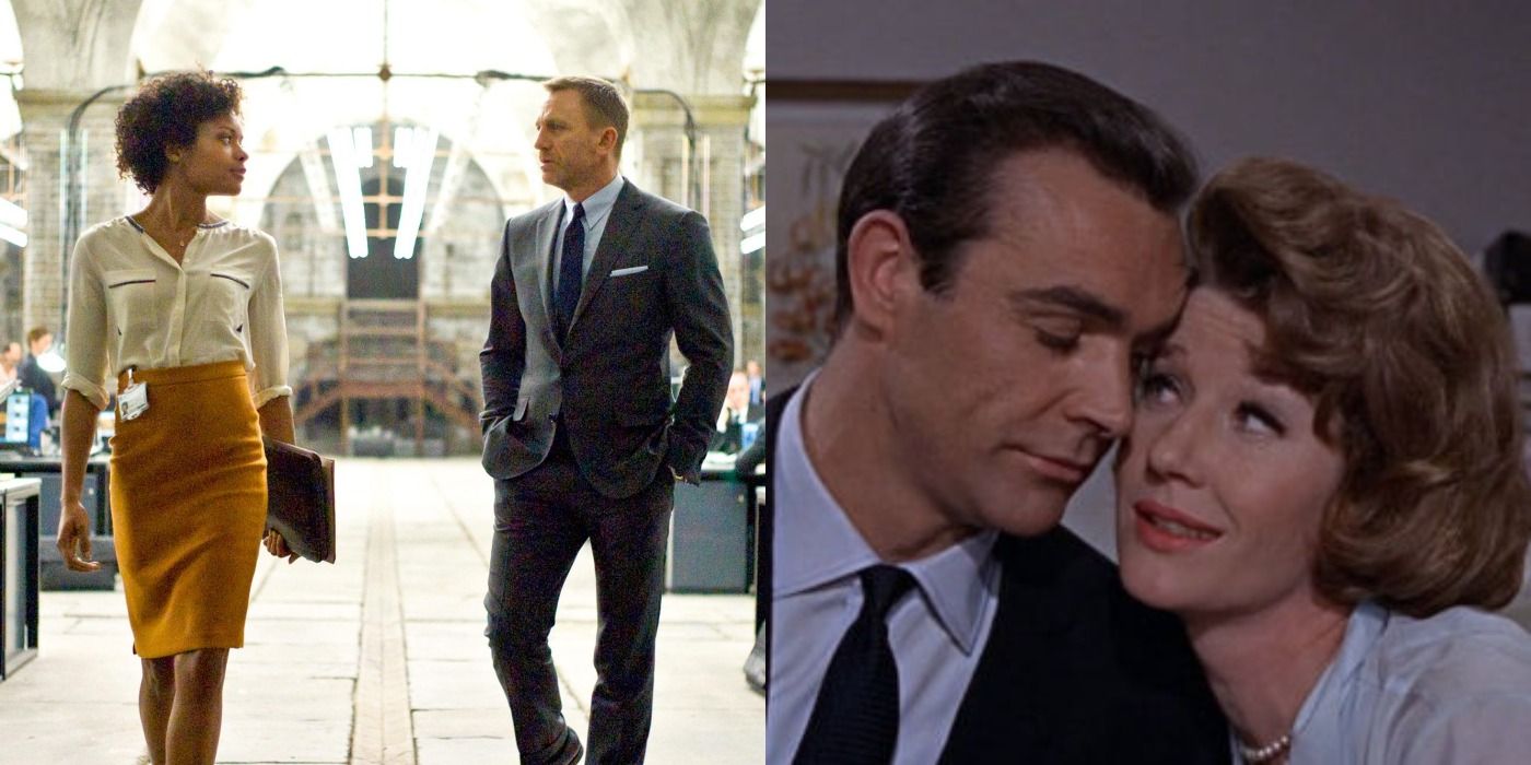 Imagem dividida de Bond e Moneypenny em 007 - Operação Skyfall e juntos em Rússia com Amor.