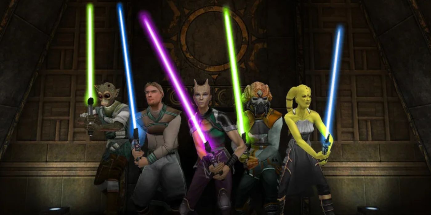 Five jedi, all of different species, standing side-by-side with lightsabers drawn.