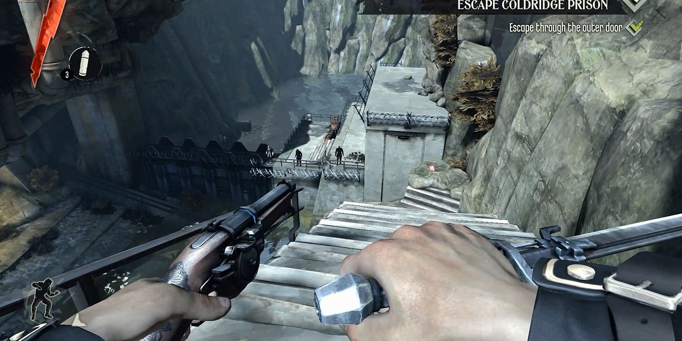 Corvo wields a blade and gun to escape a prison in Dishonored