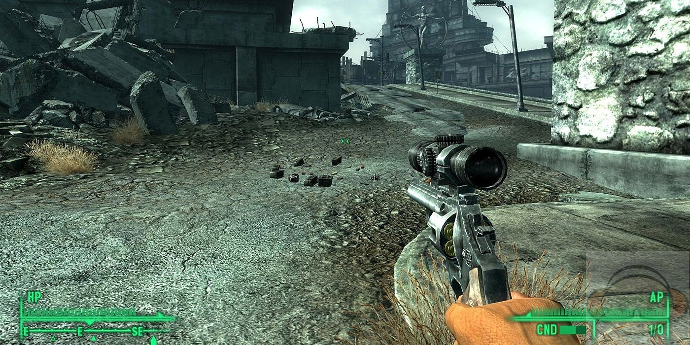 A player wanders the wasteland with a pistol in Fallout 3