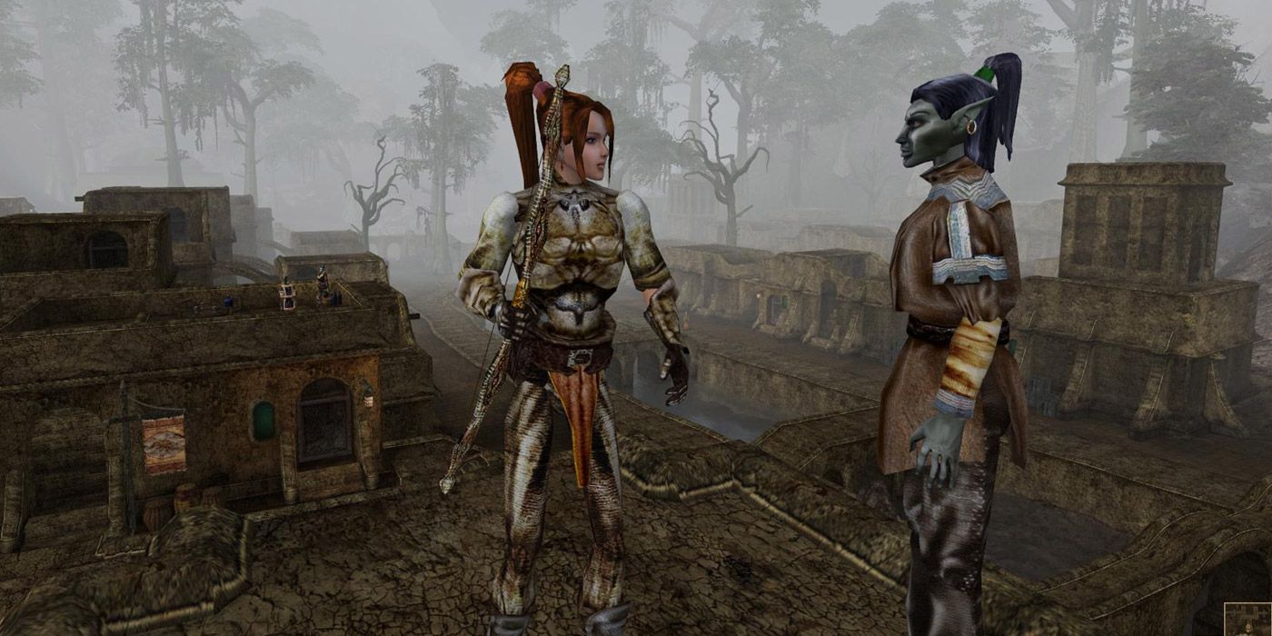 Two warriors talk in a gloomy city in Morrowind