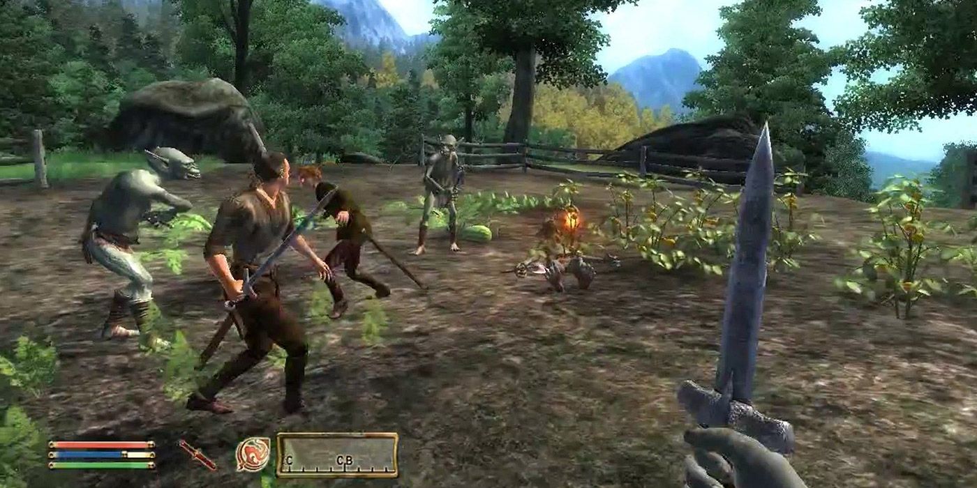 A hero helps a farmer fight off goblins in Oblivion