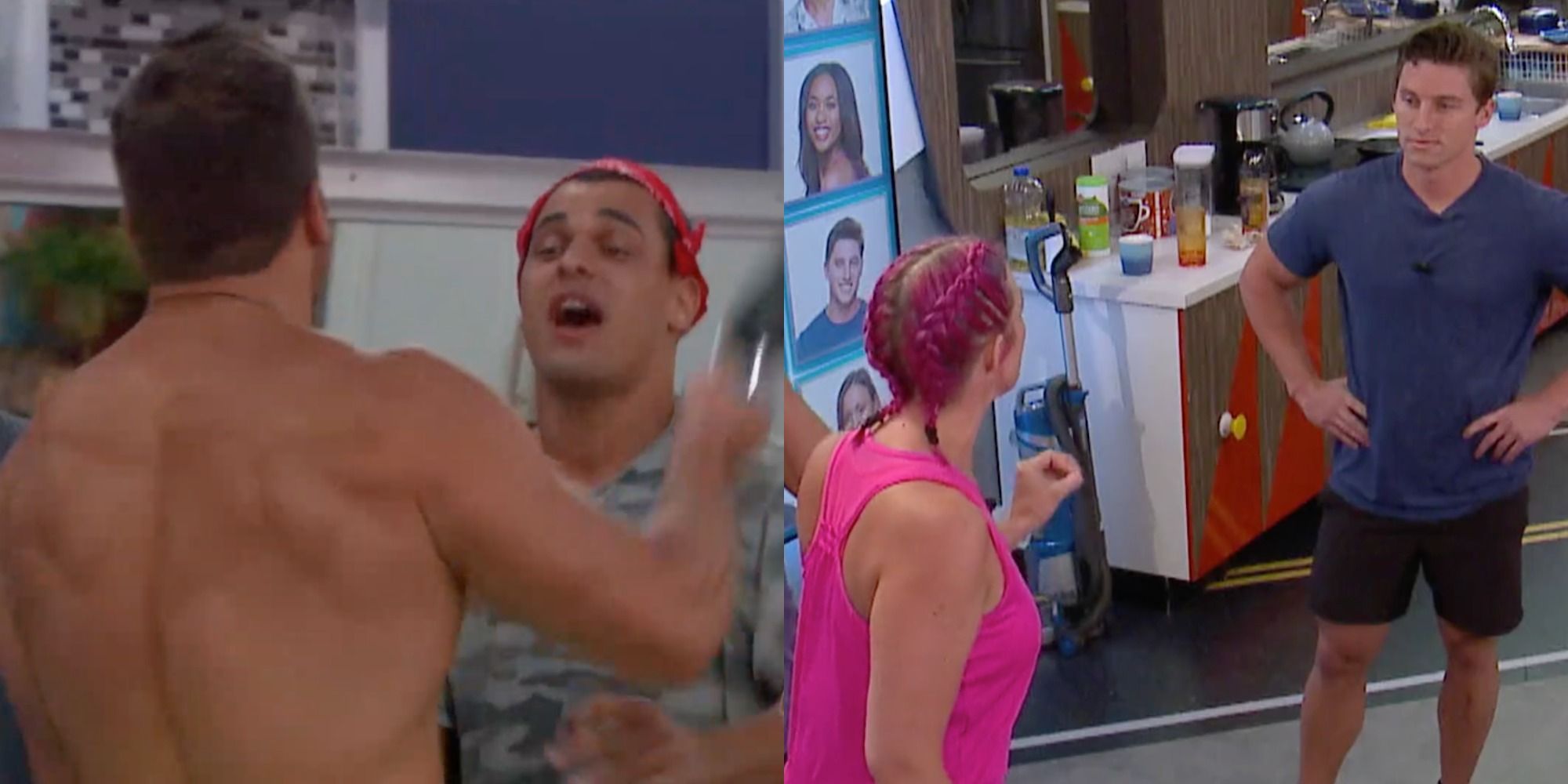 Split image showing Josh and Mark and Rockstar and Brett fighting in Big Brother