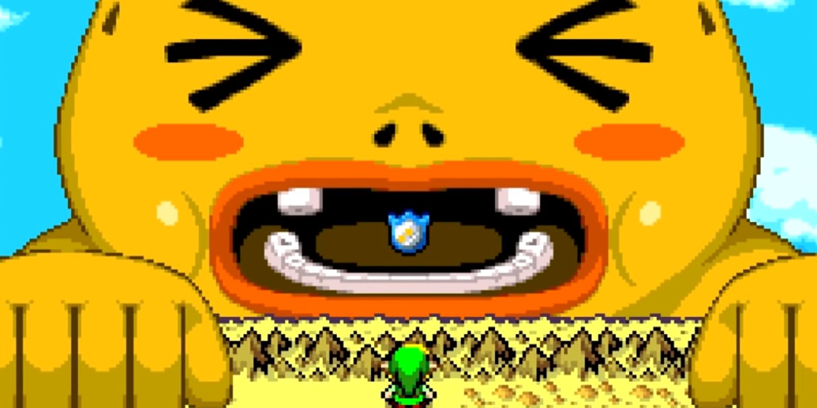 Biggoron spitting the Mirror Shield to Link in The Legend Of Zelda: The Minish Cap