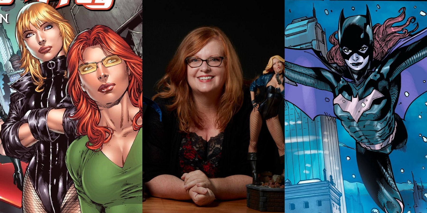 Three side by side images of Gail Simone comics with the artist in the centre.