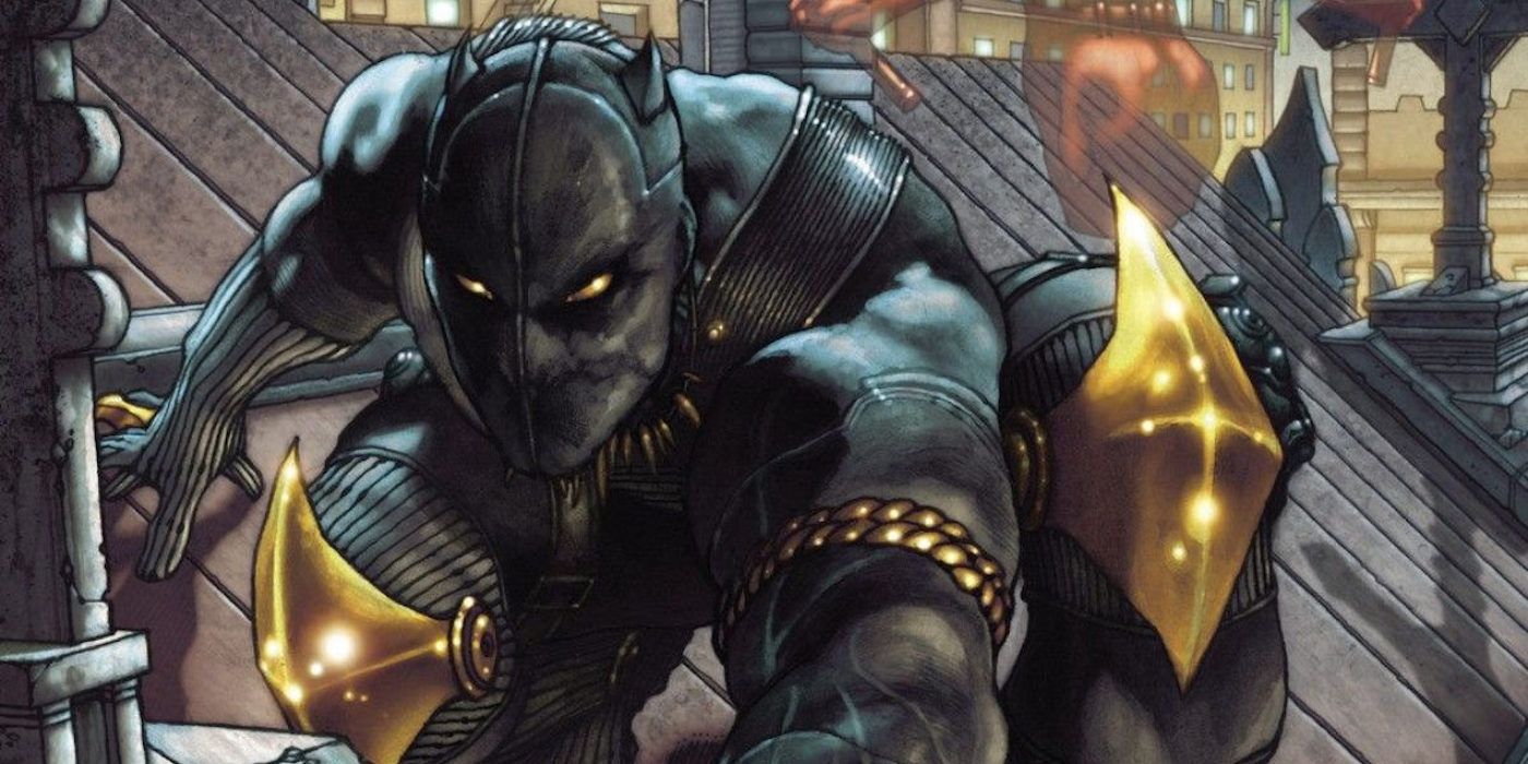 Black Panther crawls on the roof of a New York City church in a panel from Marvel Comics.