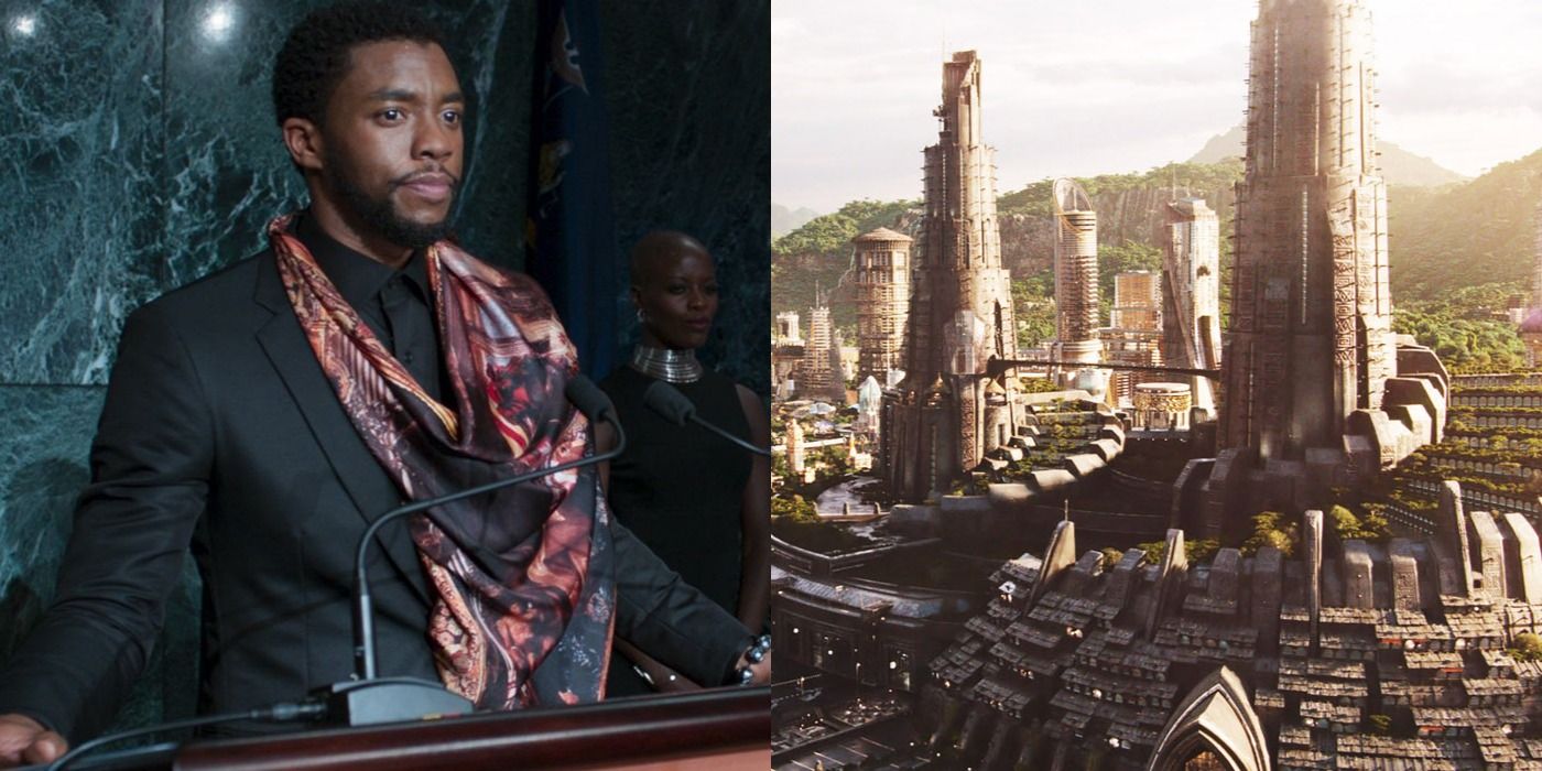 Split image of T'Challa and Wakanda in Black Panther movie.