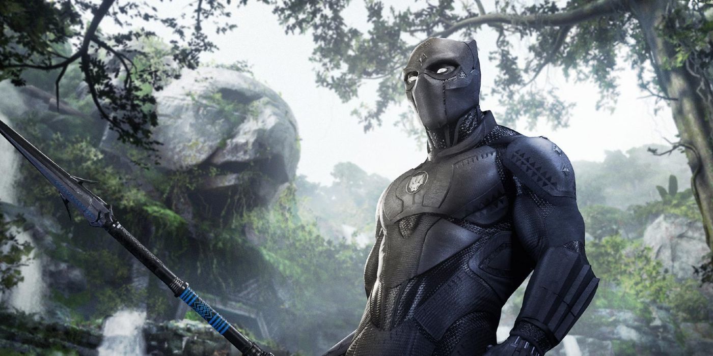 Black Panther holds a spear in Wakanda