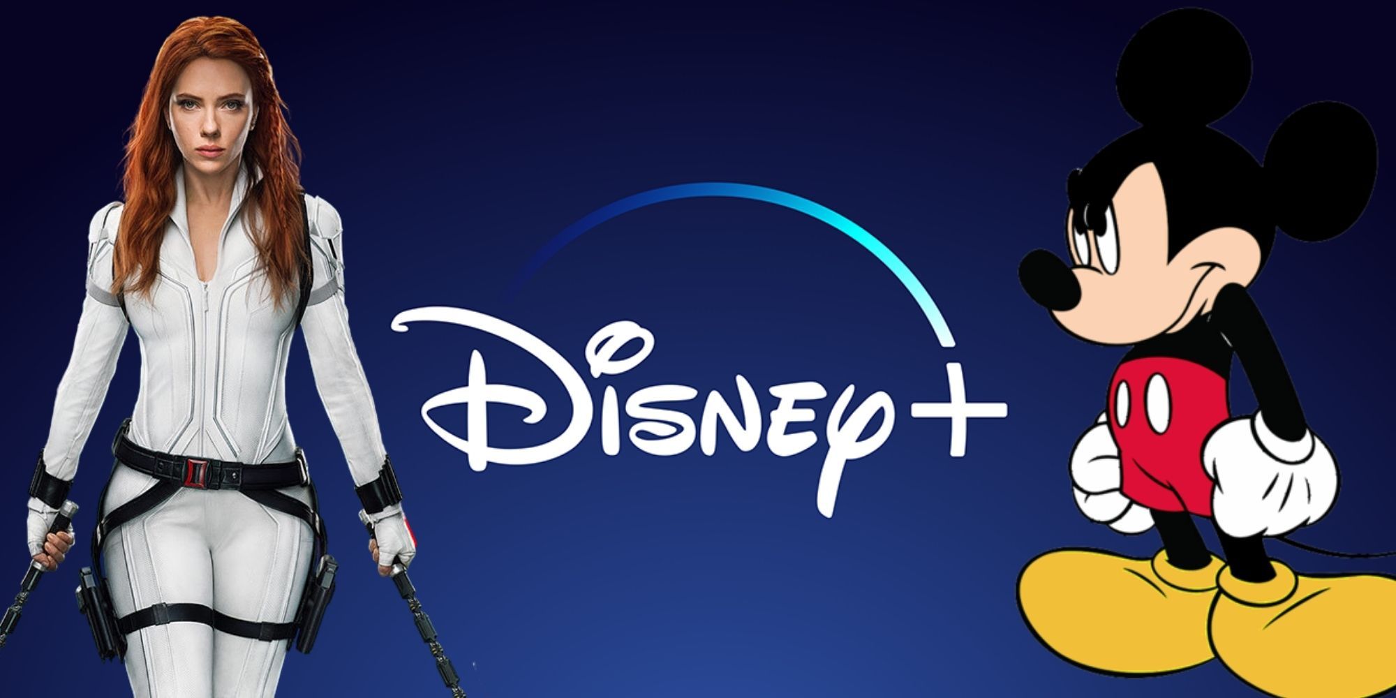 The Disney+ logo with Black Widow and Mickey Mouse on either side