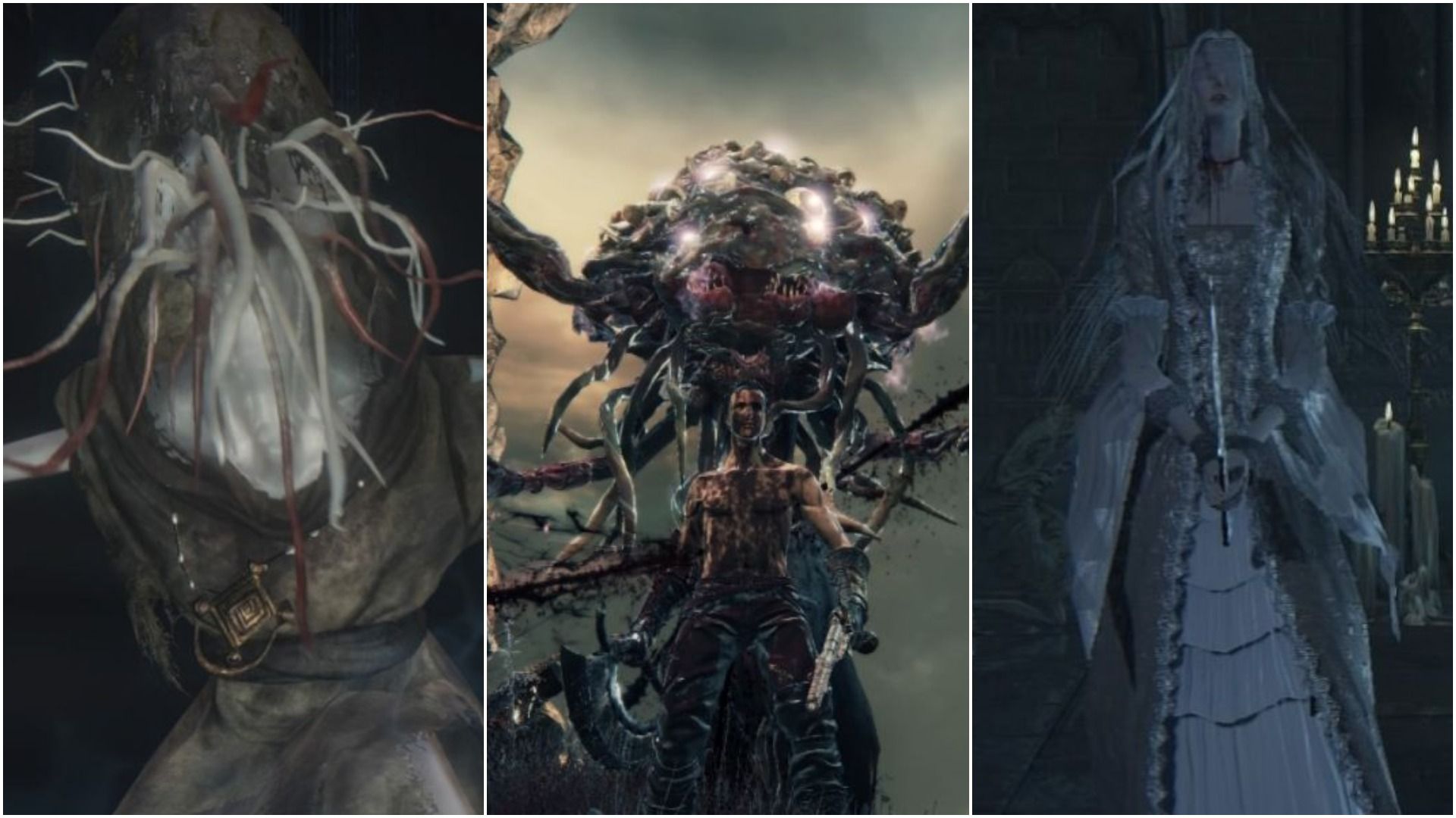Three side-by-side images of the Bloodborne enemies Brainsucker, Winter Lantern, and Bound Widow