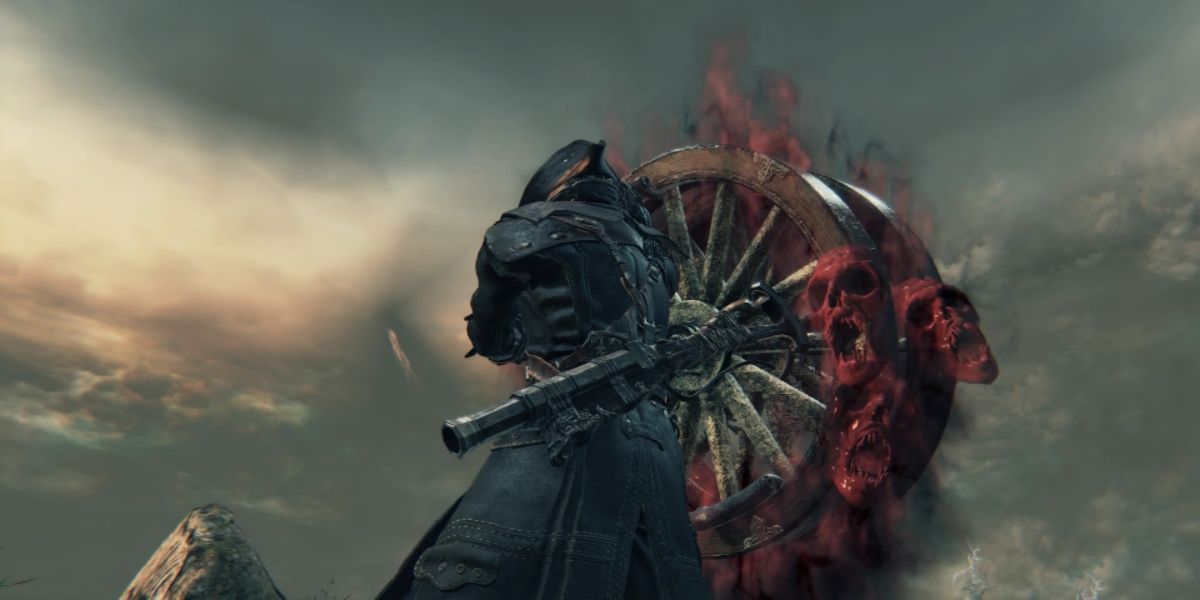 A hunter wielding Logarius' Wheel in Bloodborne.