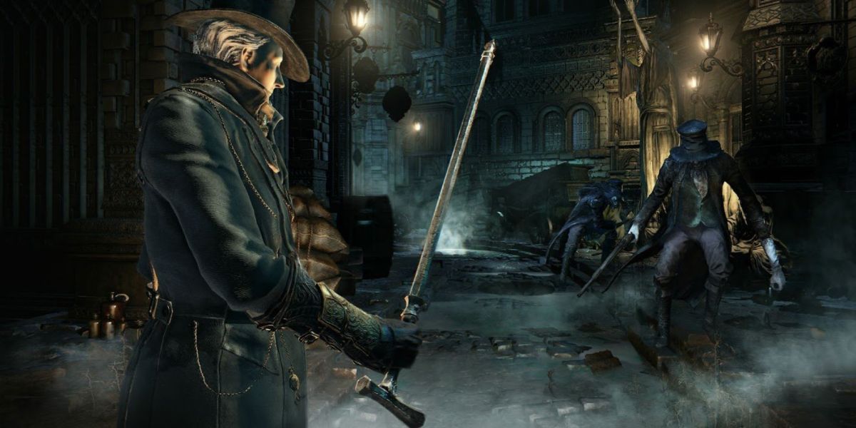 A hunter wielding the Threaded Cane in Bloodborne.