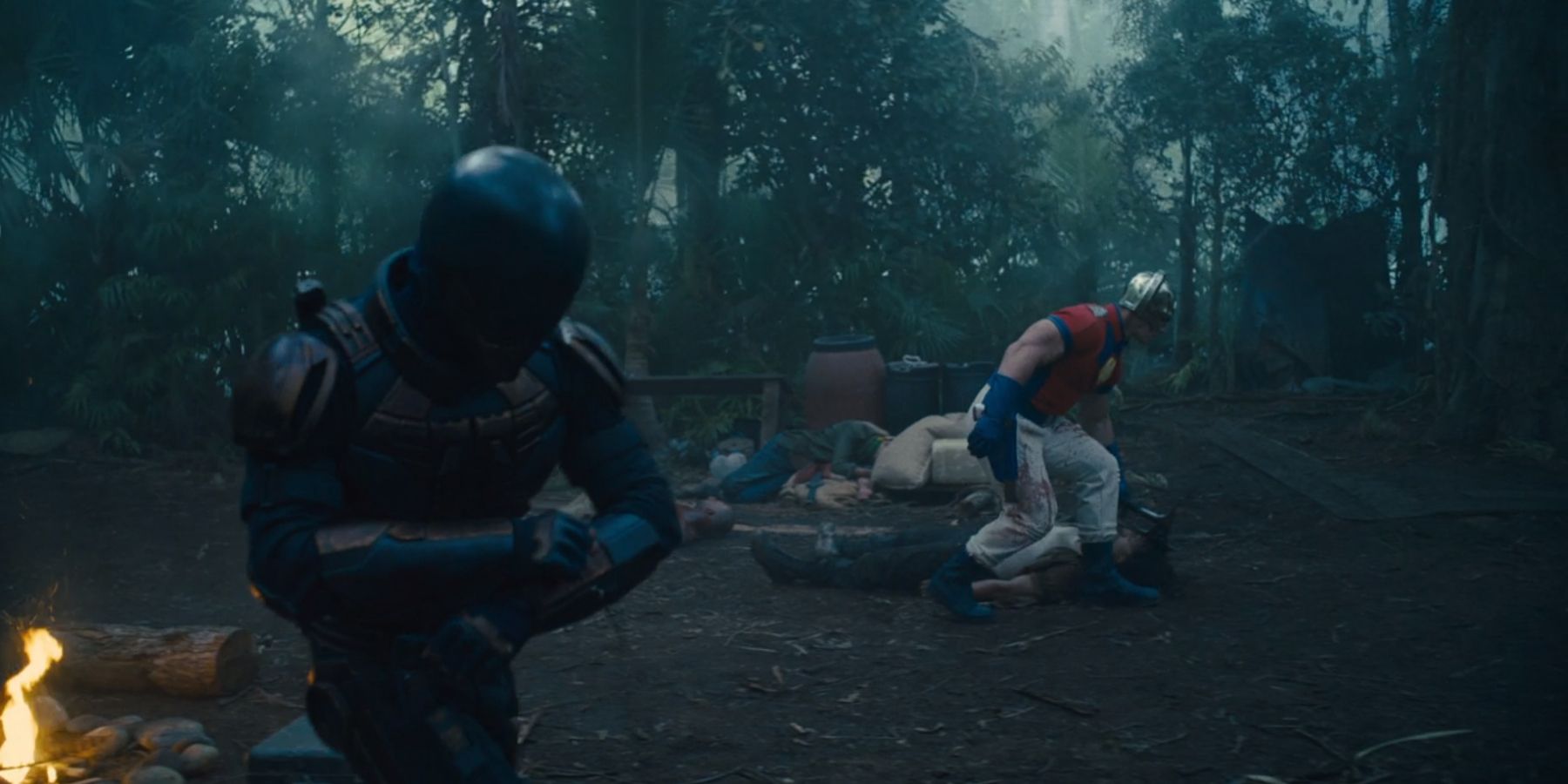 Bloodsport and Peacemaker arming up with garrote wire and a hatchet in James Gunn's The Suicide Squad