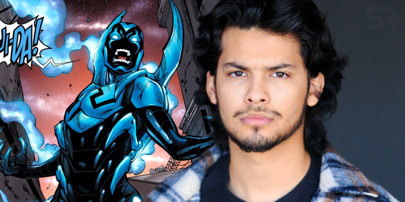 A picture of Xolo Maridueña who will star in Blue Beetle alongside the pictue of Blue Beetle from the Blue Beetle comics