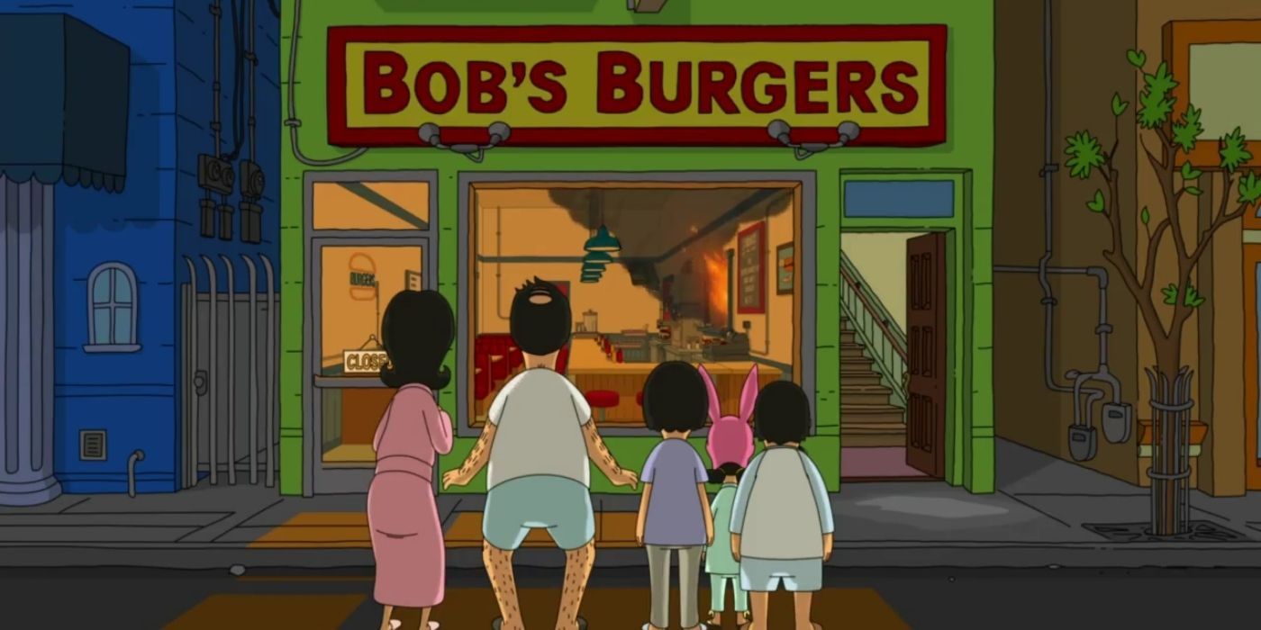 The Belcher family see the restaurant on fire in Bob's Burgers