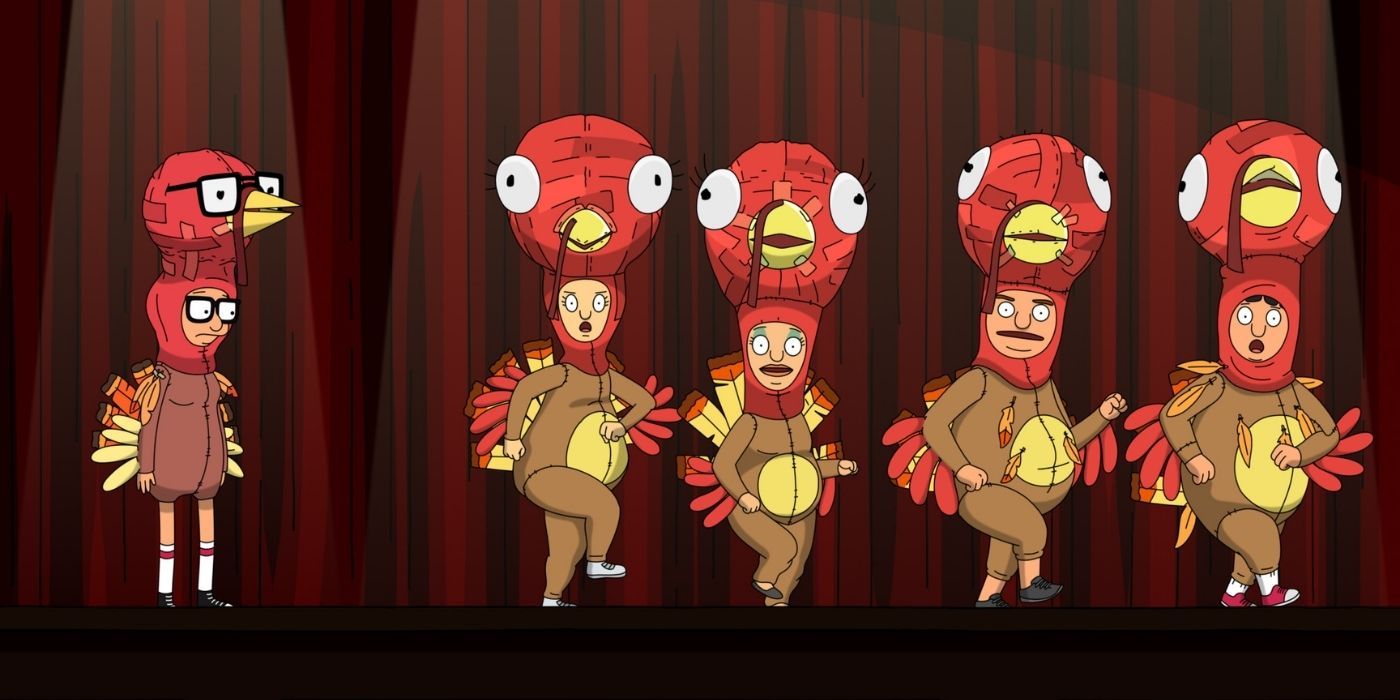 Tina and the Quirk-ducers performing dressed as turkeys in Bob's Burgers