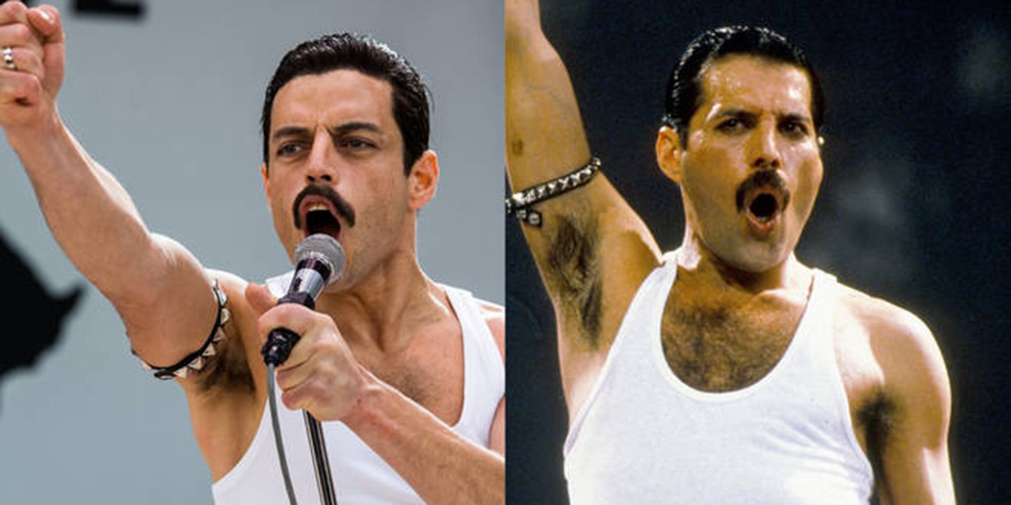 Split image of Rami Malek and Freddie Mercury