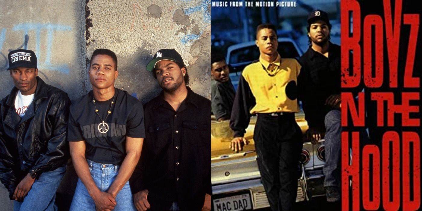 Split image showing Cuba Gooding Jr. and Ice Cube in Boyz in the Hood, and the movie's soundtrack