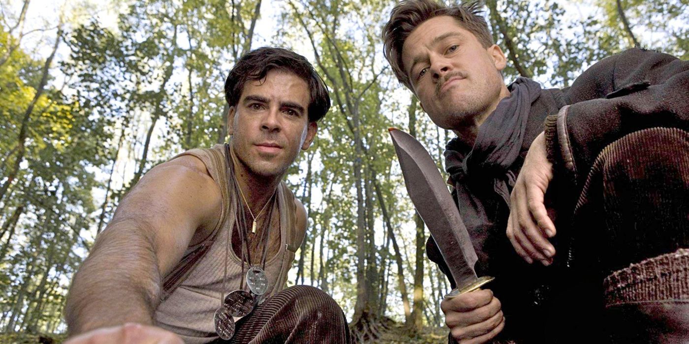 Brad Pitt and Eli Roth threatening a Nazi in Inglourious Basterds