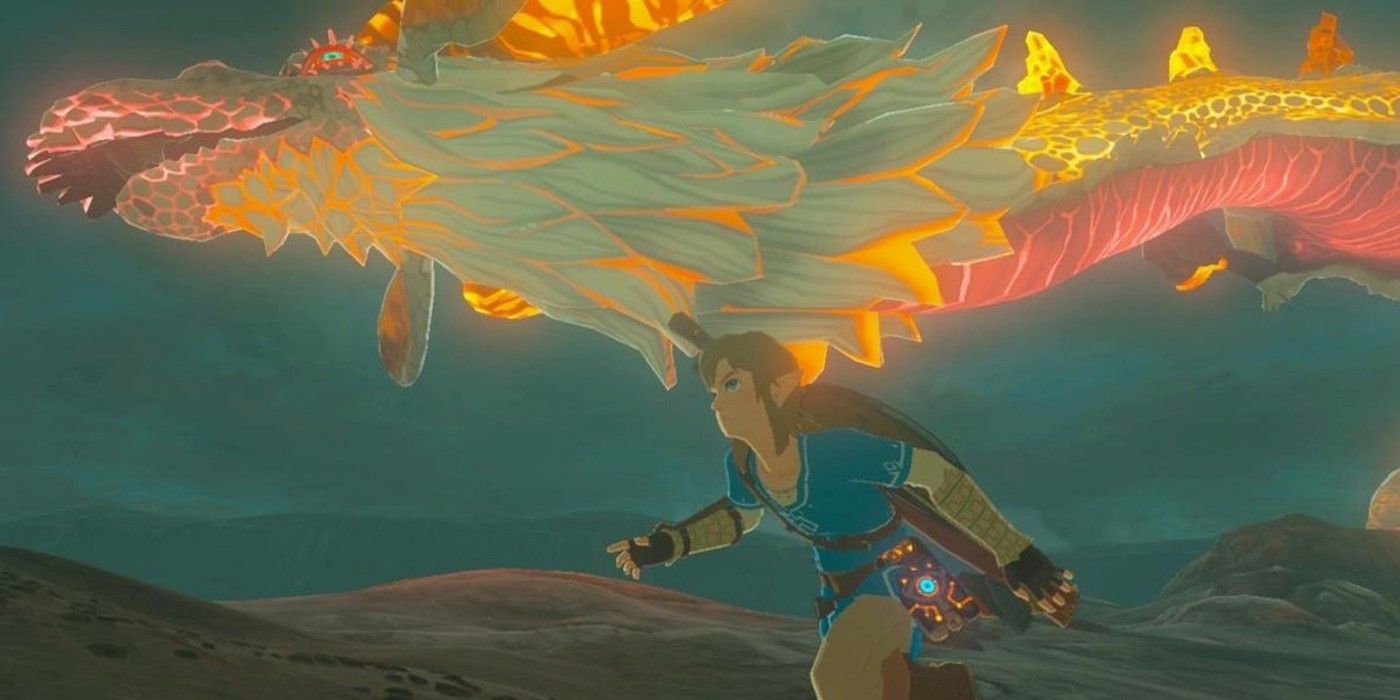 Link running alongside the dragon Dinraal in Breath of the Wild.