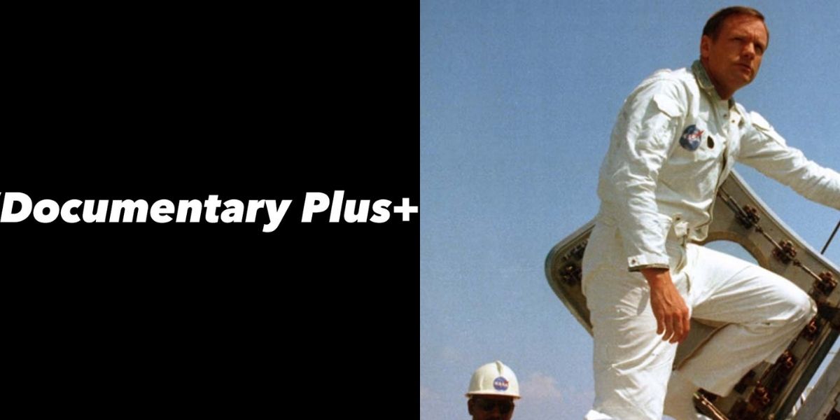 Two side by side images with the logo for Documentary Plus and Neil Armstrong In Armstrong.