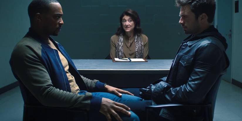 Sam and Bucky stare at each other in therapy in Falcon and the Winter Soldier