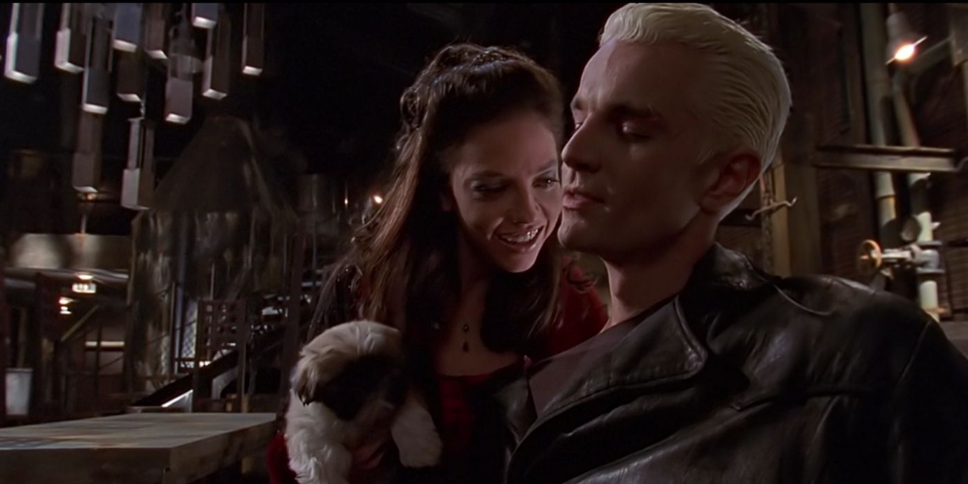 Drusilla and Spike with a dog in Buffy the Vampire Slayer.