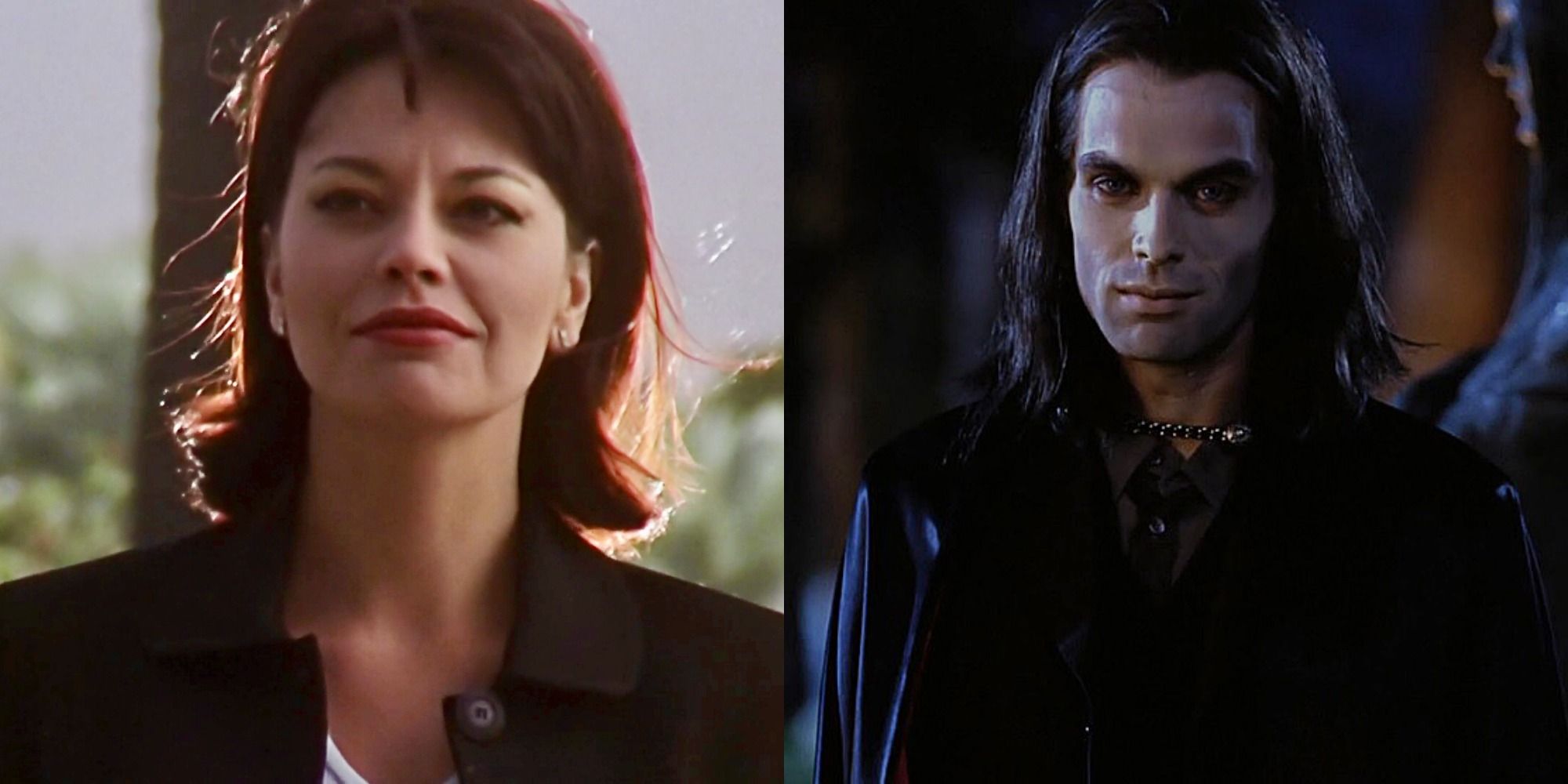 Split image of Natalie outside and the French Dracula at night in Buffy the Vampire Slayer.