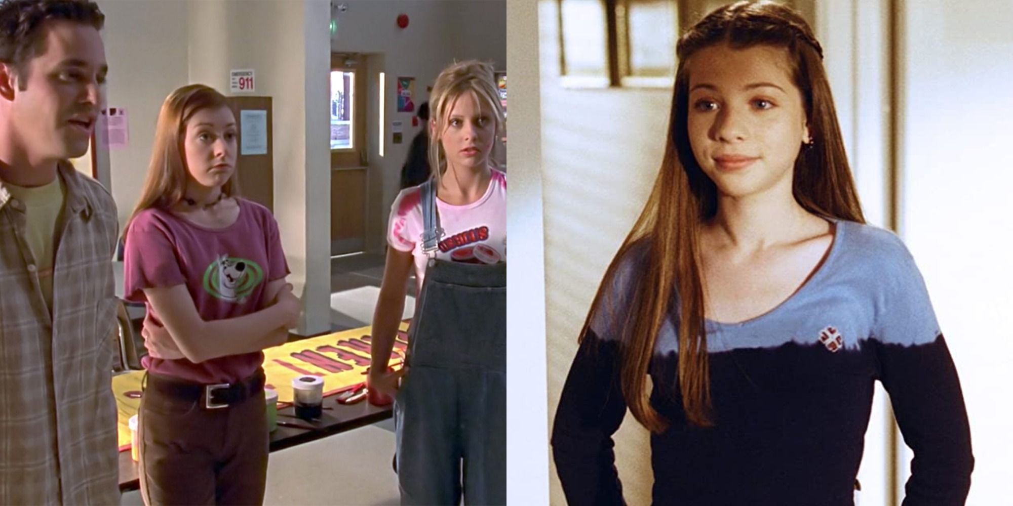 Split image showing Xander, Willow, and Buffy at school, and Dawn smiling in Buffy the Vampire Slayer