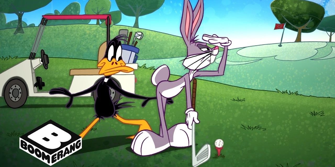 Bugs Bunny swings and misses while playin against Duffy Duck in Space Jam