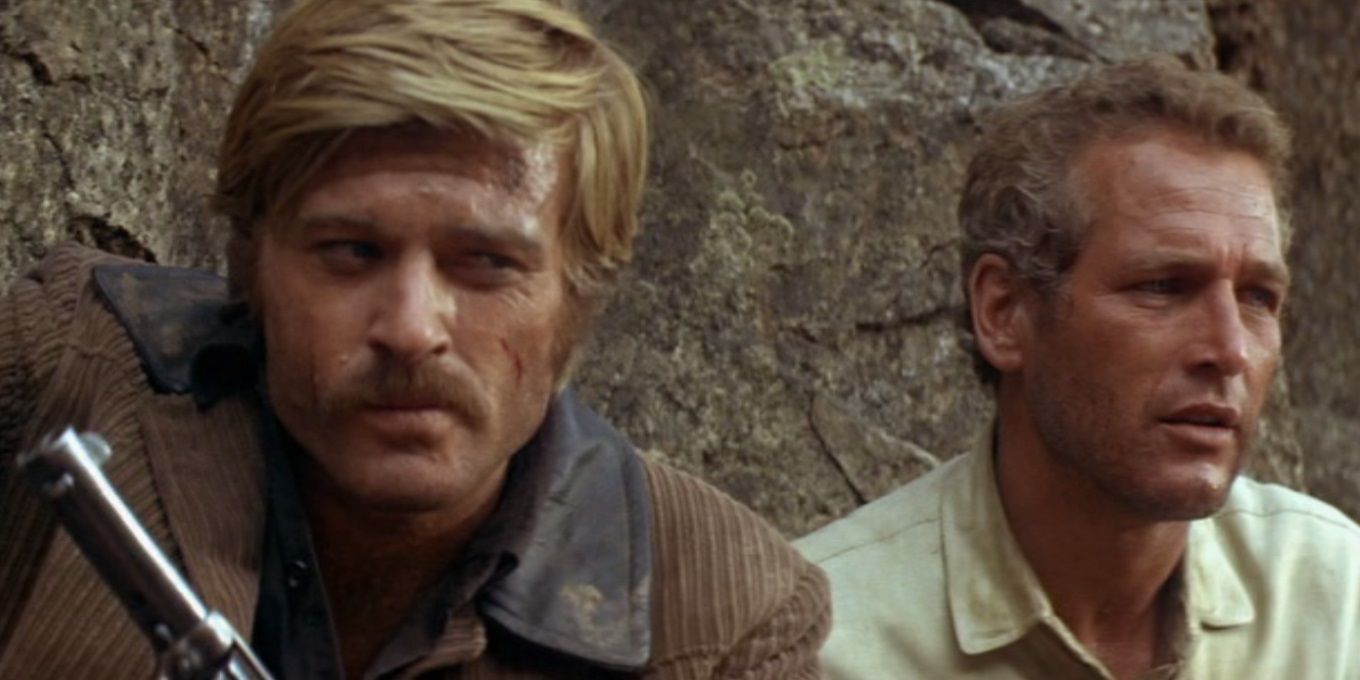 Butch and Sundance contemplate jumping off a cliff in Butch Cassidy and the Sundance Kid