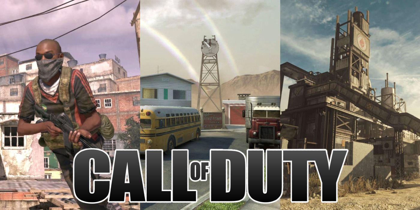 Collage of Call of Duty multiplayer maps Favela, Nuketown, and Rust.