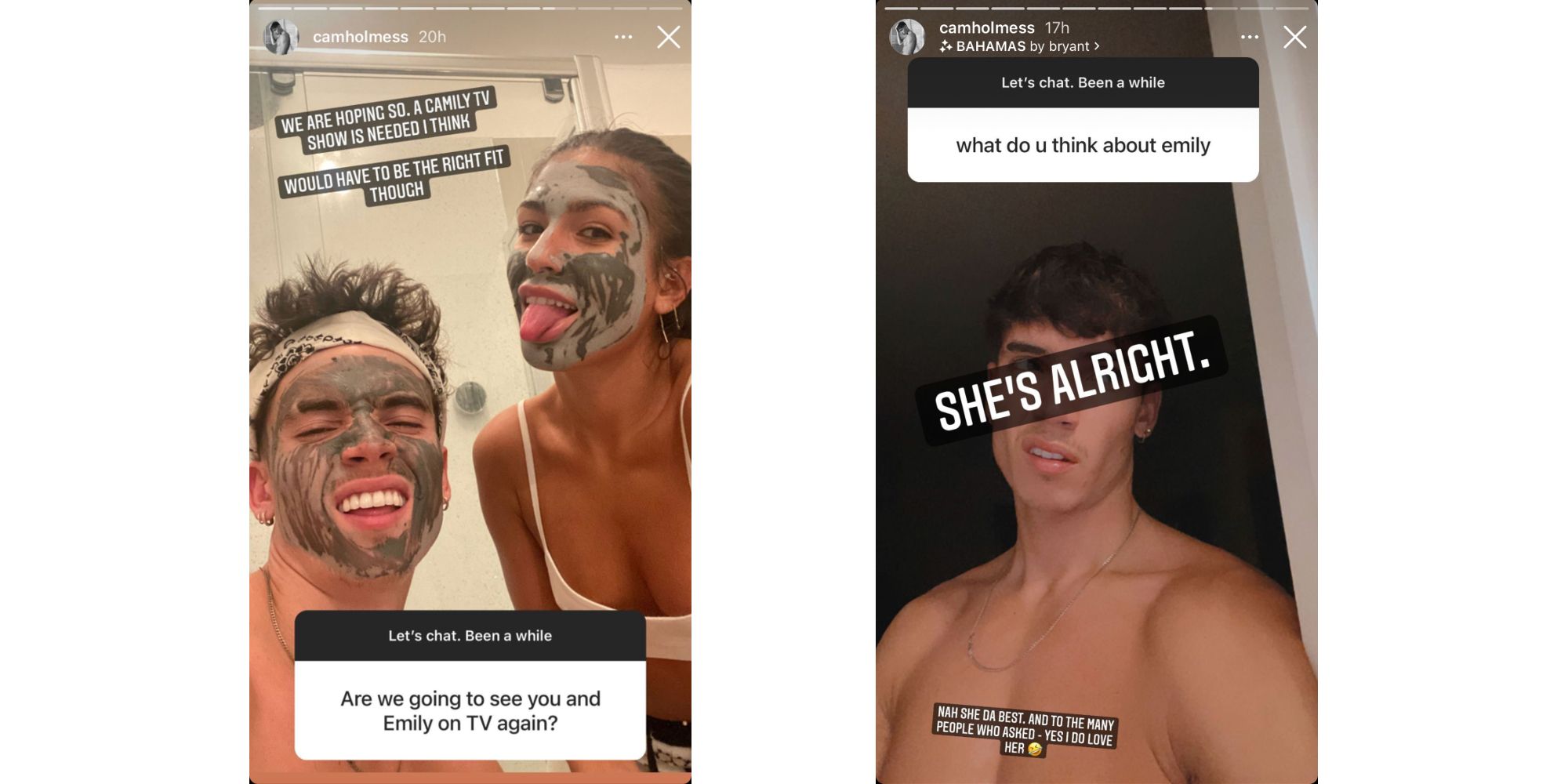 Cam Holmes from Too Hot To Handle via Instagram Story updates fans about relationship with Emily Miller