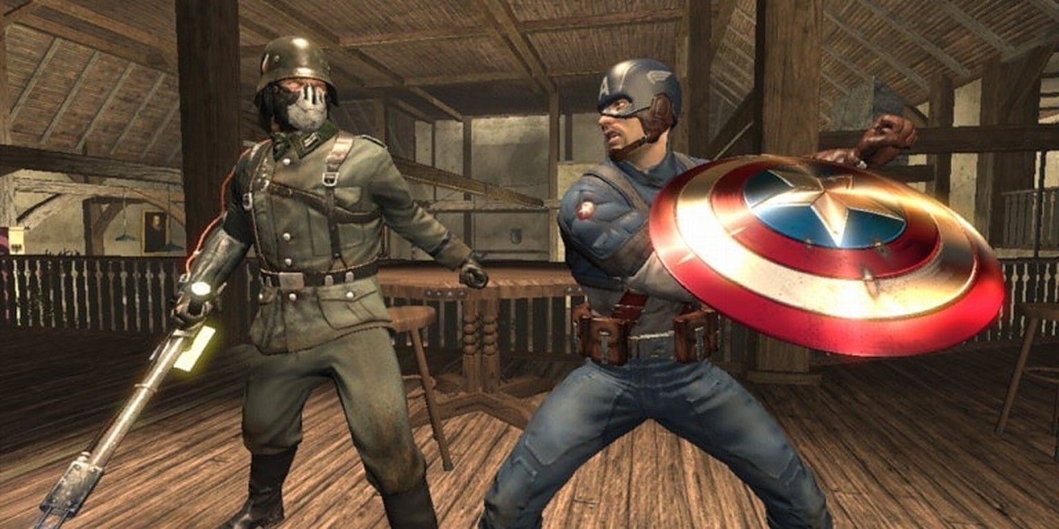 Captain America attacks an enemy with his shield in Avengers video game